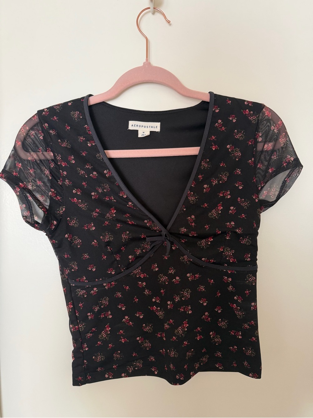 Aeropostale Black & Red Floral Mesh Crop Top